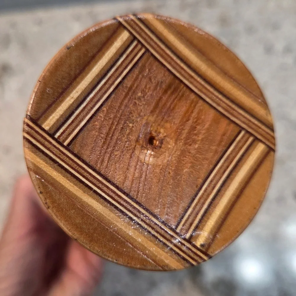 Vintage MCM Laminated Wood Bud Vase Glass Insert Artisan Turned Wood Decor 8.5